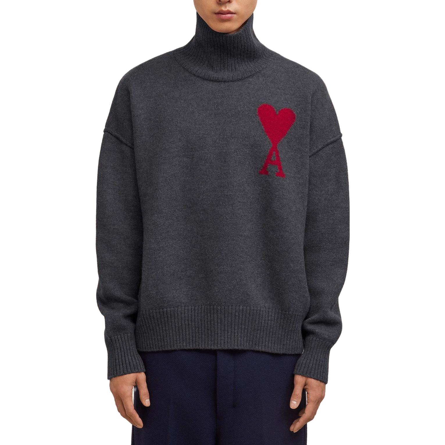 Ami Paris AMIPARIS FW23 Unisex Grey Heart Pattern High Neck Loose Sweater. BFUKS406018084 圖 3