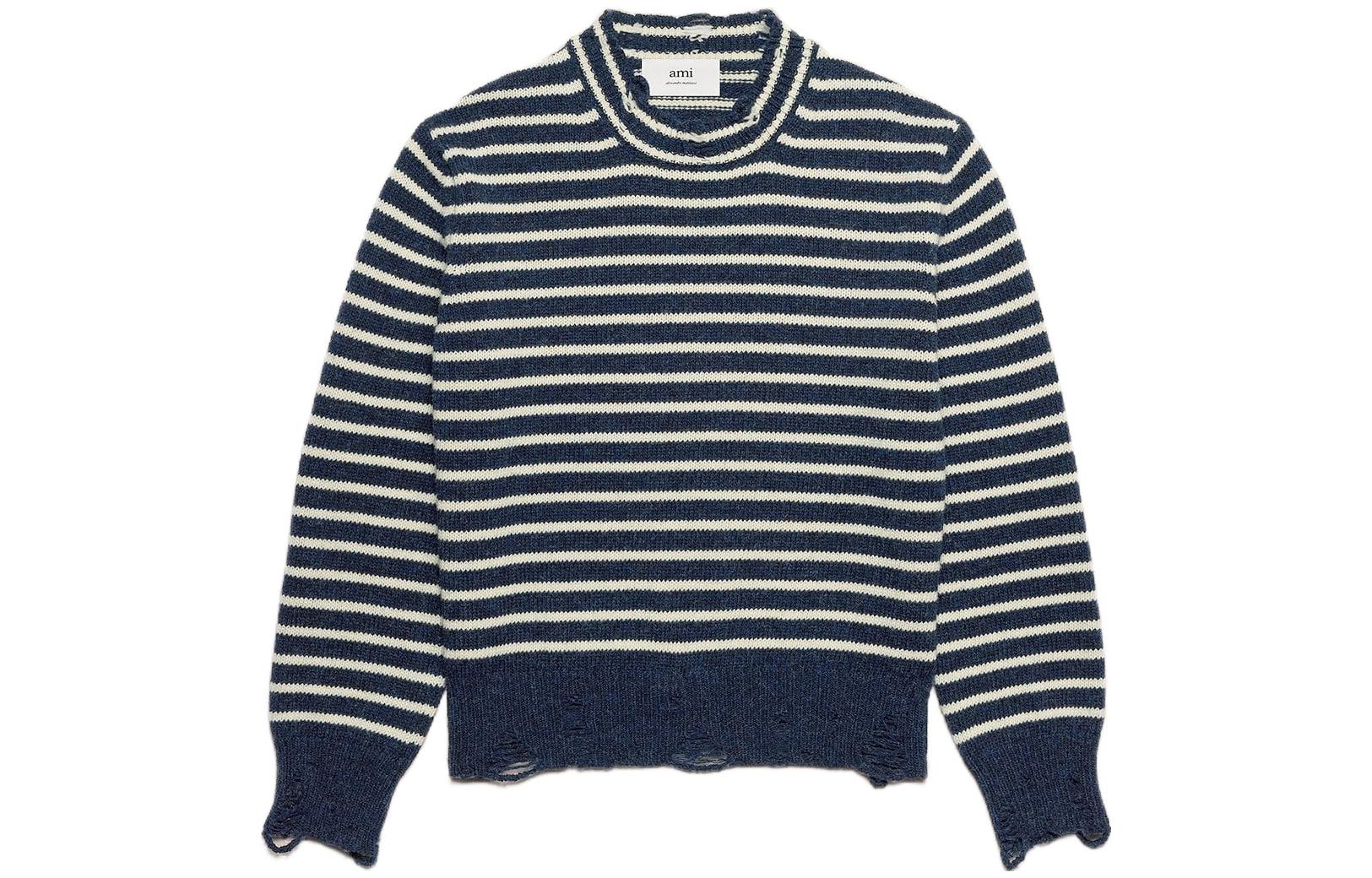 Buy Ami Paris AMIPARIS FW23 Suéter Unisex de Lana Rayado Azul/Marfil. UKS027KN0017477