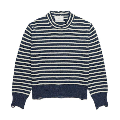 Ami Paris AMIPARIS FW23 Unisex Wool Striped Crewneck Sweater Blue/Ivory. UKS027KN0017477