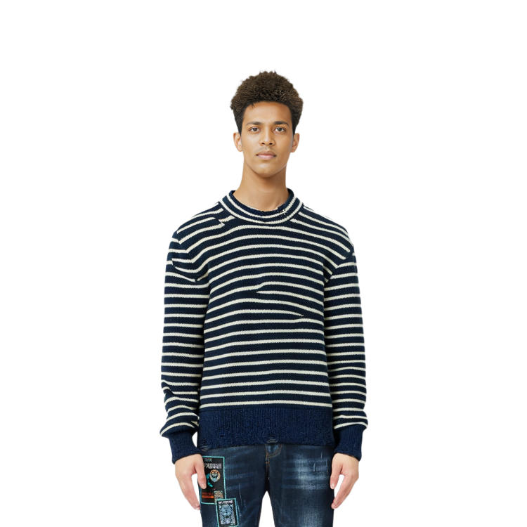 Details for Ami Paris AMIPARIS FW23 Suéter Unisex de Lana Rayado Azul/Marfil. UKS027KN0017477