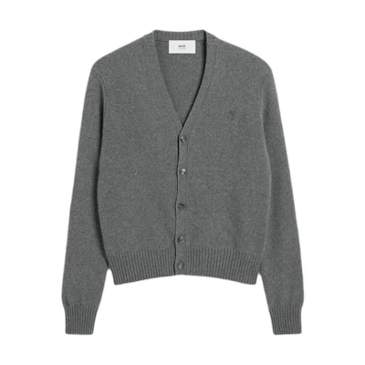 Ami Paris AMIPARIS FW24 Light Grey Knit Cardigan Sweater Long Sleeve Casual Fit HKC157005-052