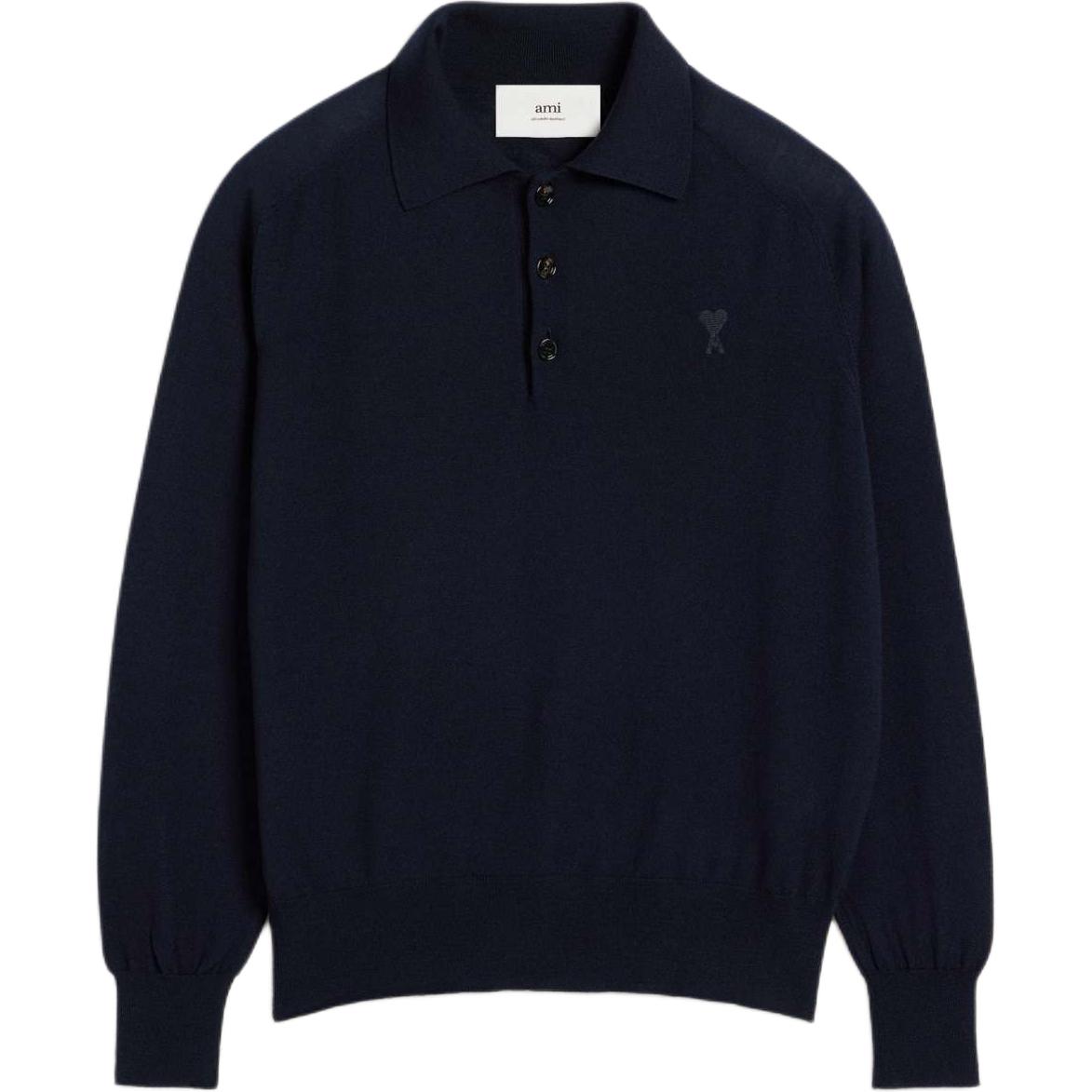 Ami Paris AMIPARIS FW24  Wool Knit Long Sleeve Polo Shirt - Dark Navy Blue HPL341KN0039-430