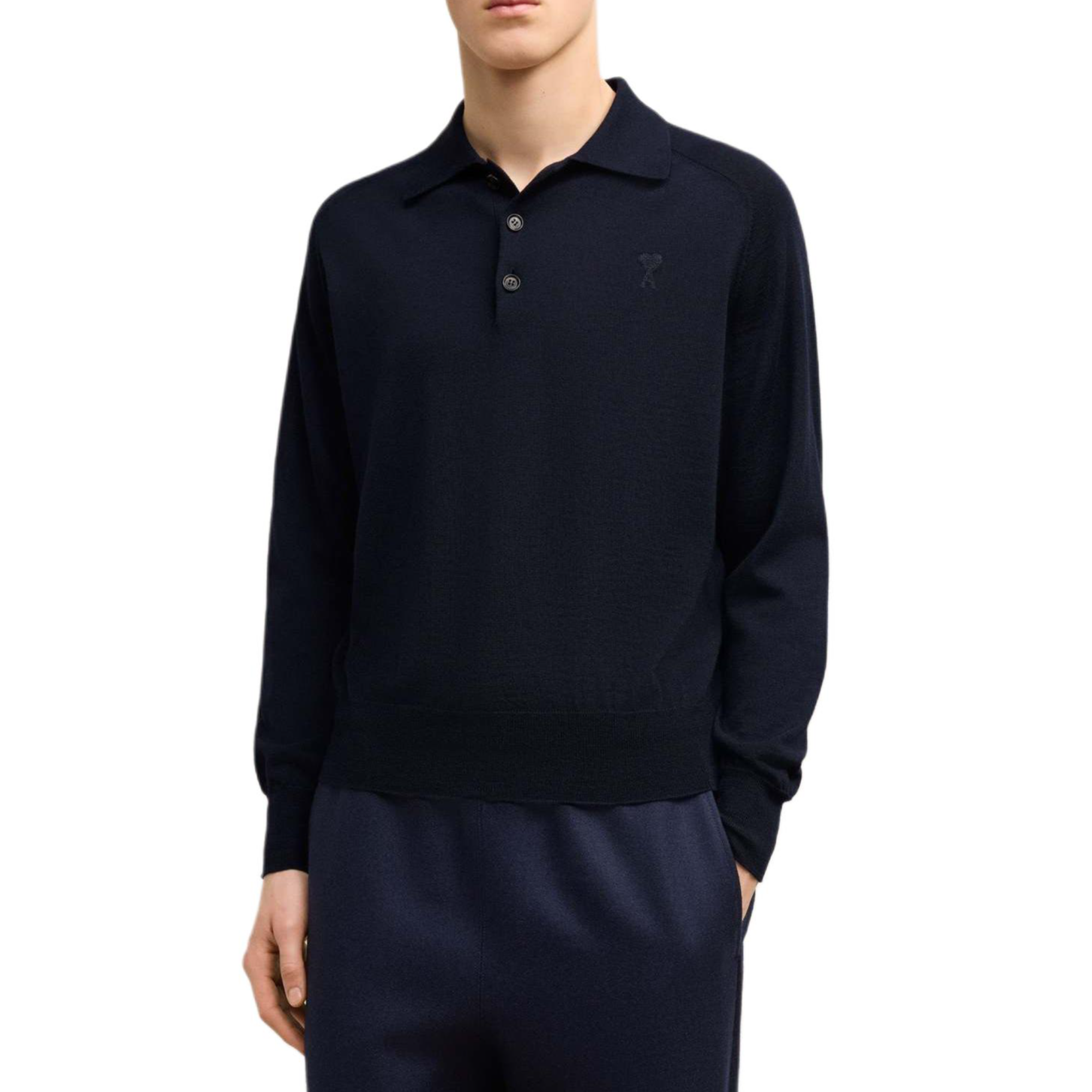 Shop Ami Paris AMIPARIS FW24 Baju Polo Lengan Panjang Rajut Bulu - Biru Navy Gelap HPL341KN0039-430