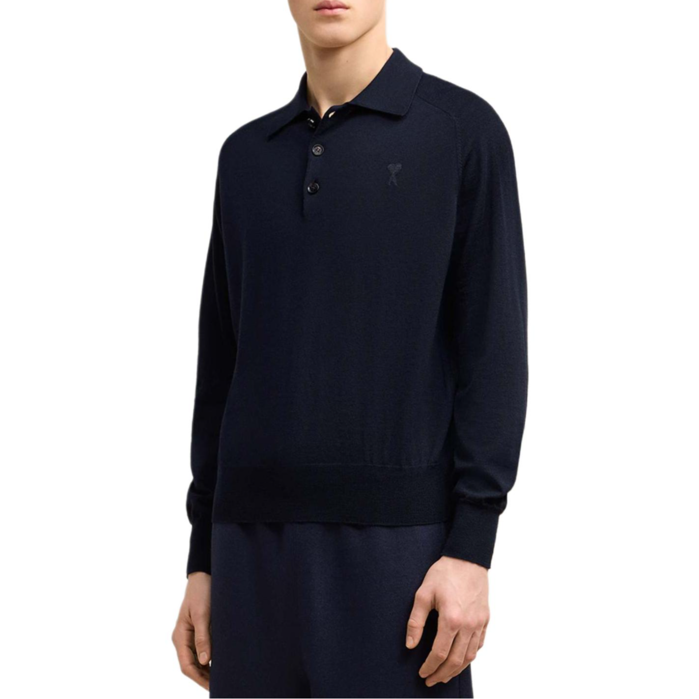 Purchase Ami Paris AMIPARIS FW24 Baju Polo Lengan Panjang Rajut Bulu - Biru Navy Gelap HPL341KN0039-430