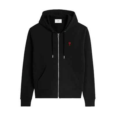Ami Paris AMIPARIS FW24 Black Hoodie Jacket with Red Heart Unisex Cotton Zip-Up. BFUSW435730-BLACK