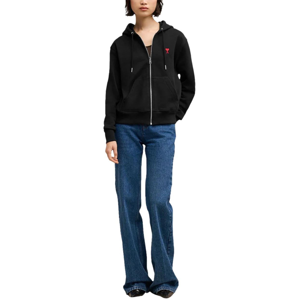 Shop Ami Paris AMIPARIS FW24黑色拉鍊紅心棉質連帽外套 情侶款。 BFUSW435730-BLACK