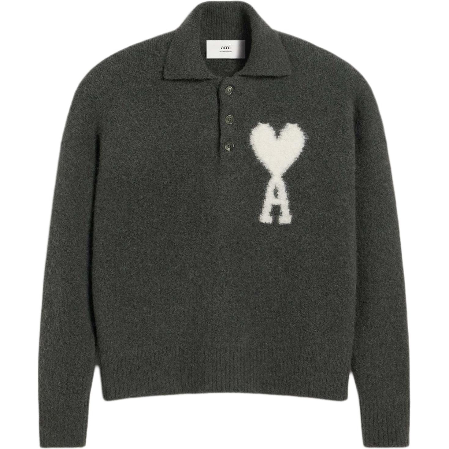 Ami Paris AMIPARIS FW24 Heart Design Knit Polo Cloud Sweater Unisex Dark Grey. UPL325KN0032-061