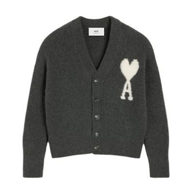 Ami Paris AMIPARIS FW24 Letter Heart V-Neck Cardigan Cloud Sweater Unisex Dark Grey. UKC025KN0032-061