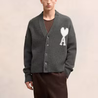 Details for Ami Paris AMIPARIS FW24 Letter Heart V-Neck Cardigan Cloud Sweater Unisex Dark Grey. UKC025KN0032-061