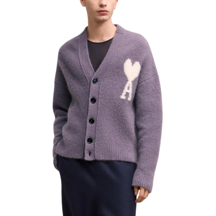 Shop Ami Paris Cardigan Ungu Hati Leher-V Unisex Knit Sweater. UKC025KN0032-504