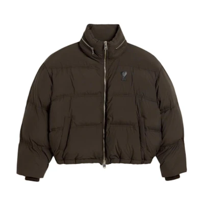 Ami Paris AMIPARIS FW24 Solid Heart Zip Up Loose-Fit Puffer Jacket Men’s Dark Brown. HJK403PA0009-221
