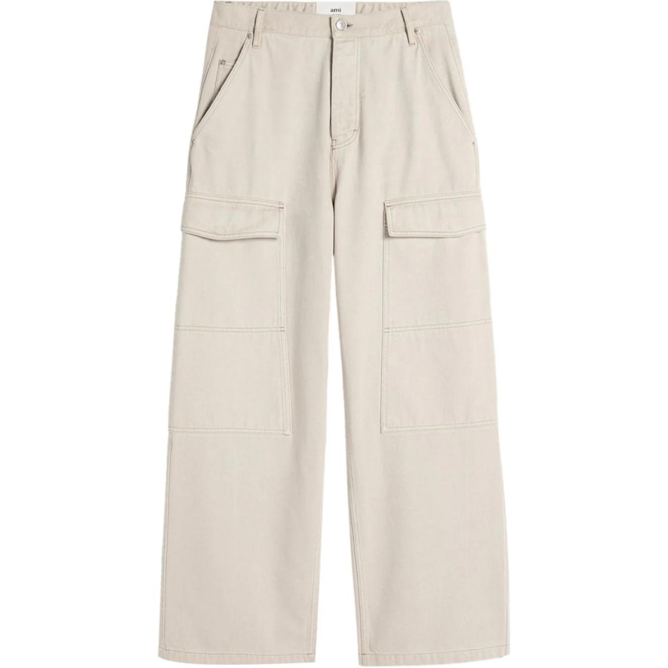 Order Ami Paris Jeans Cargo Unisex Off-White Longgar dengan Belt Loops. UTR303CO0037-BEIGE