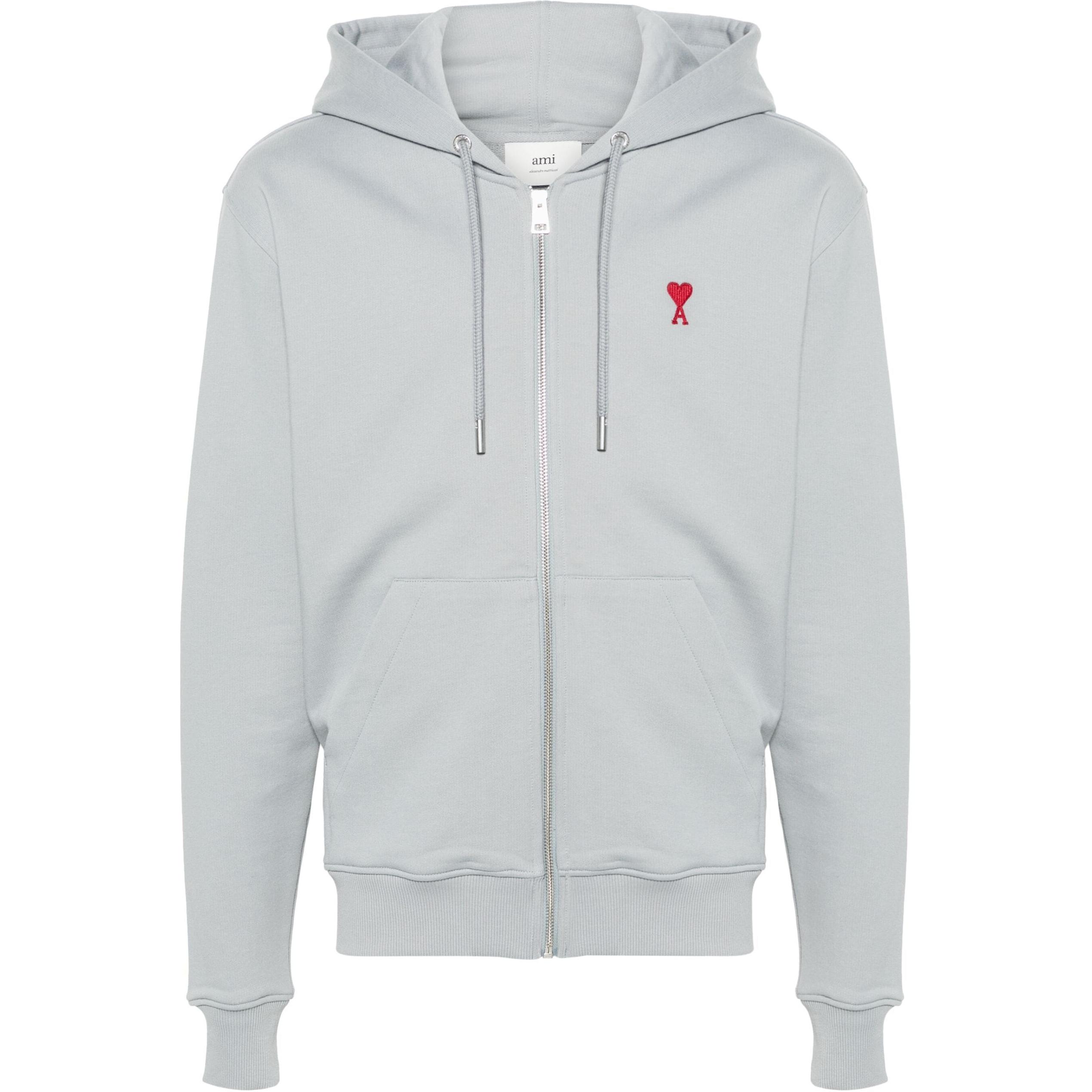Order Ami Paris AMIPARIS FW24 Hoodie Jacket Zip Up Unisex Warna Biru Abu-Abu dengan Hati Merah USW435730-BLUE