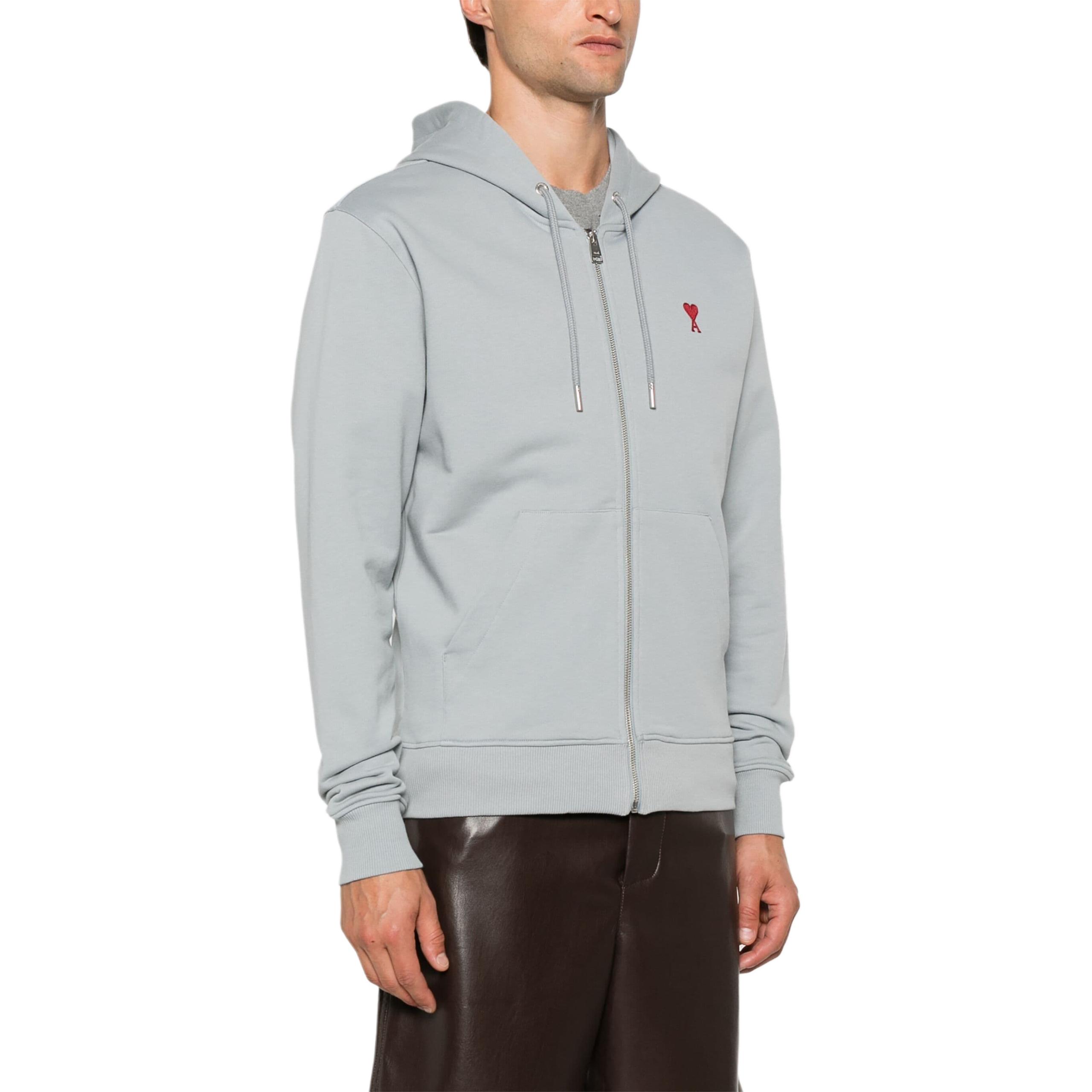 Shop Ami Paris AMIPARIS FW24 Hoodie Jacket Zip Up Unisex Warna Biru Abu-Abu dengan Hati Merah USW435730-BLUE