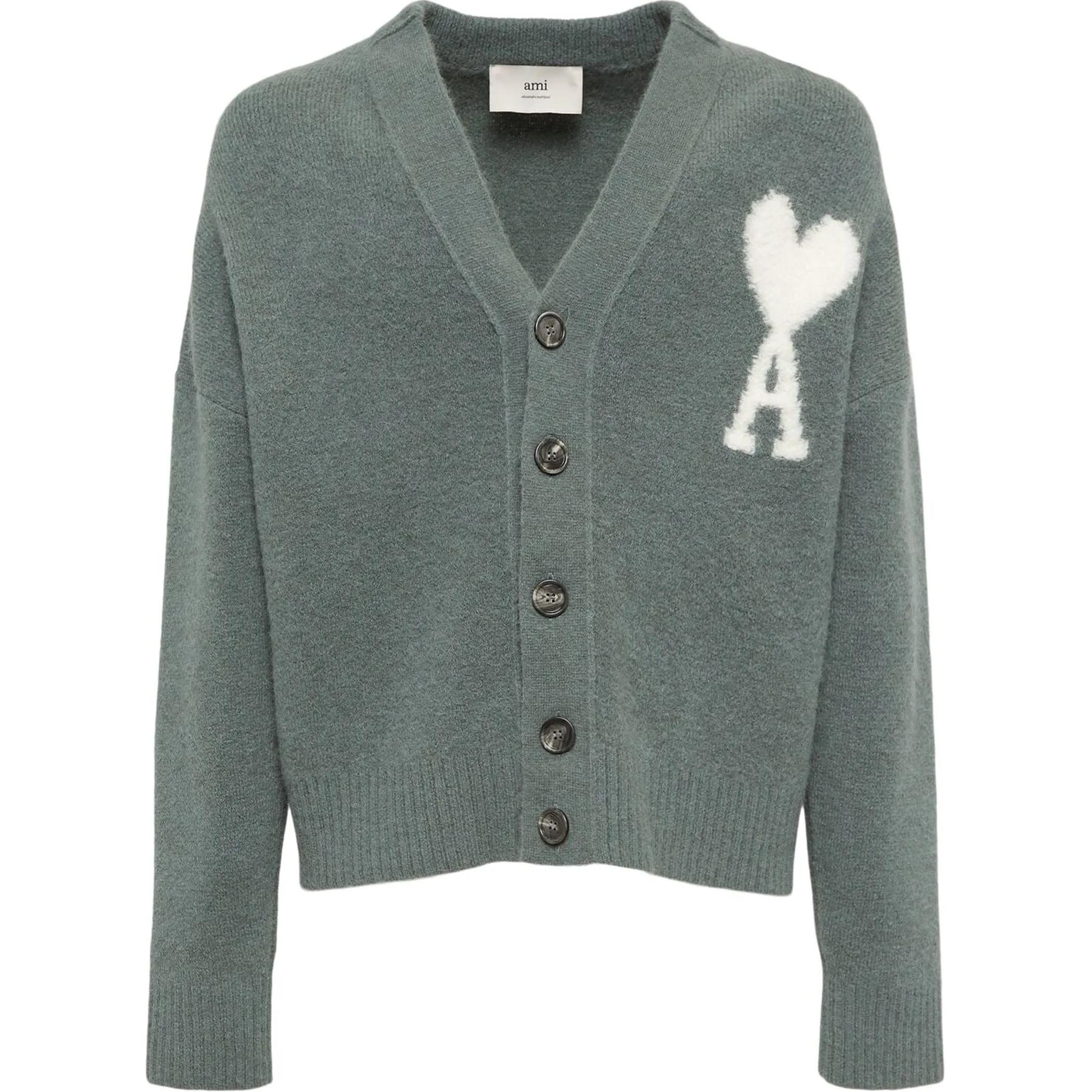 Ami Paris AMIPARIS FW24 V-Neck Heart Knit Cardigan Cloud Sweater Unisex Antique Clay Green UKC025KN00324-013