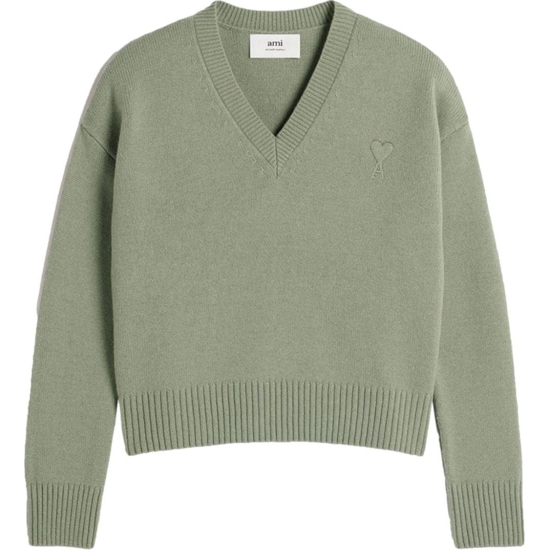 Ami Paris AMIPARIS FW24 V-Neck Patterned Ribbed Oversized Sweater Unisex Mint Green. UKS244KN0028-GREEN
