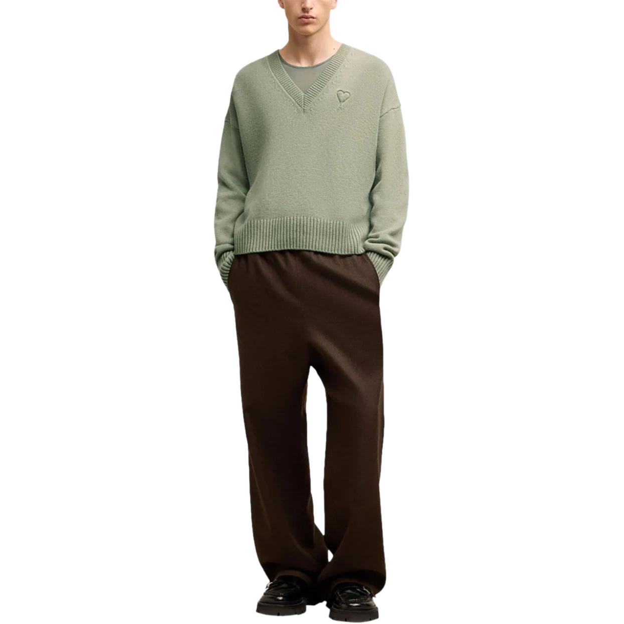 Ami Paris AMIPARIS FW24 V-Neck Patterned Ribbed Oversized Sweater Unisex Mint Green. UKS244KN0028-GREEN 圖 4