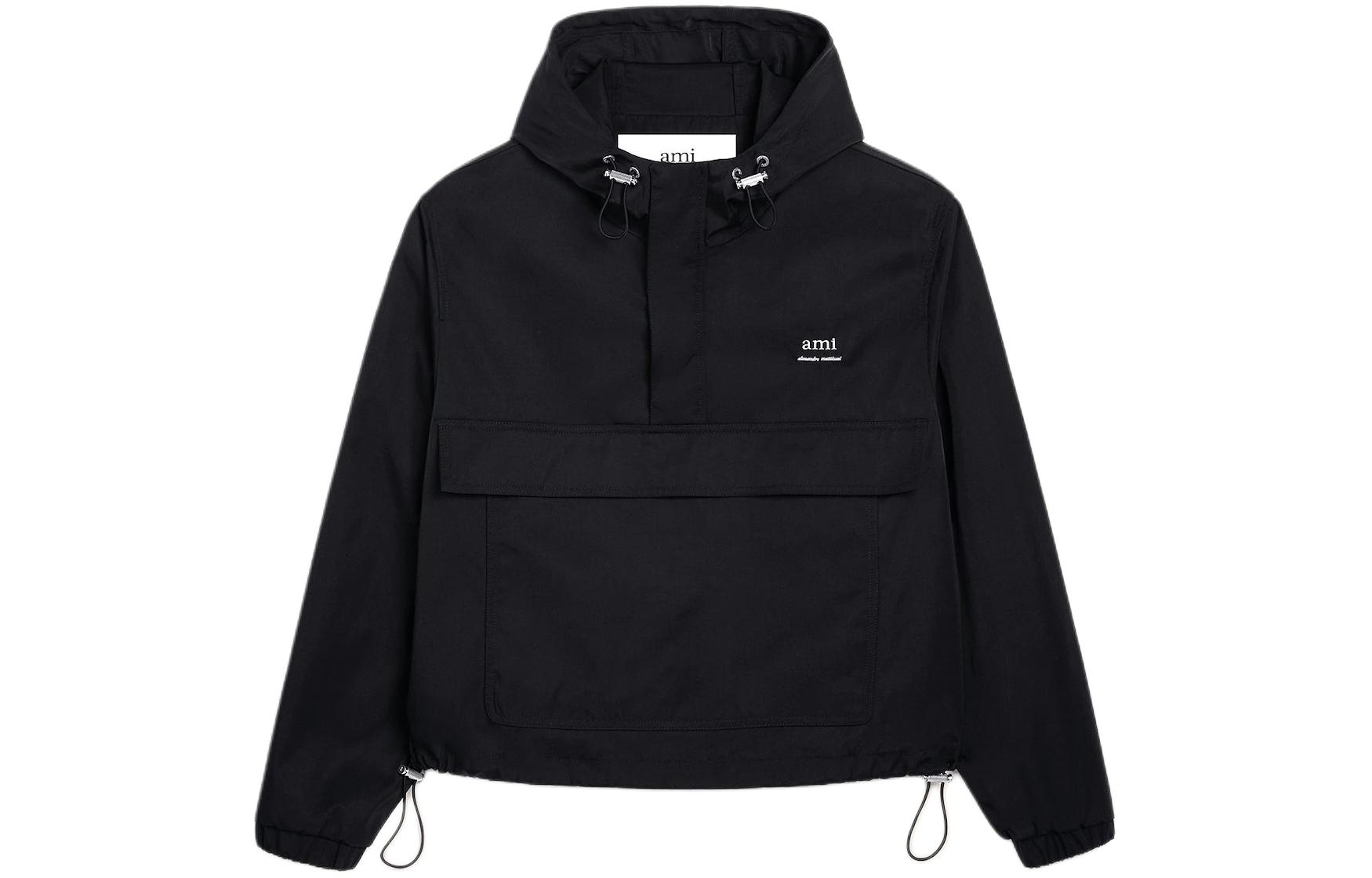 Ami Paris AMIPARIS Hooded Nylon Windbreaker Jacket Ami Logo Unisex Black Outdoor Coat. UJK101PA0007-001