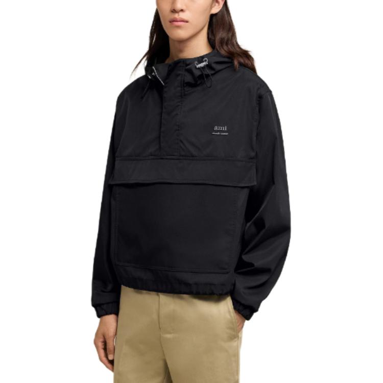 Ami Paris AMIPARIS Hooded Nylon Windbreaker Jacket Ami Logo Unisex Black Outdoor Coat. UJK101PA0007-001 圖 6