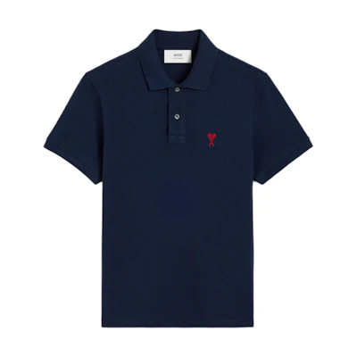 Ami Paris AMIPARIS Logo Letter Print Slim Fit Navy Blue Short Sleeve Polo Shirt. BFUPL001760-430