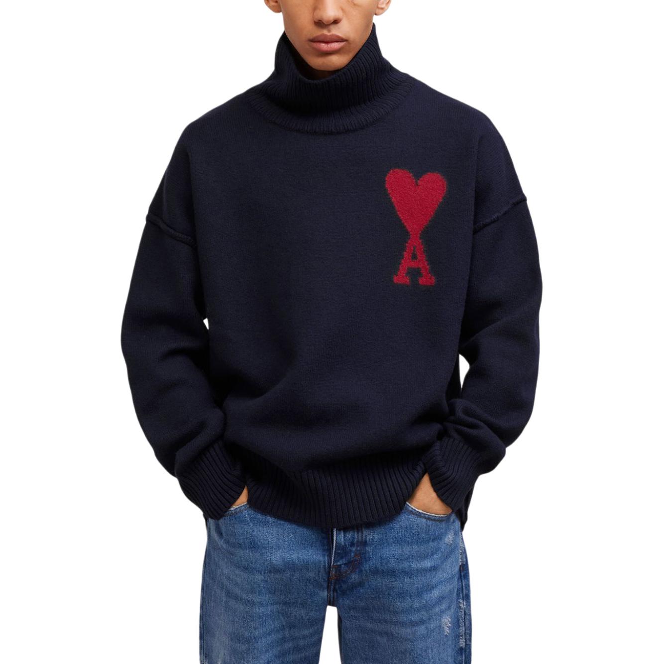 Ami Paris AMIPARIS Navy Blue Unisex Ribbed Trim Straight Hem Long Sleeve Sweater. UKS406018-NAVY 圖 3