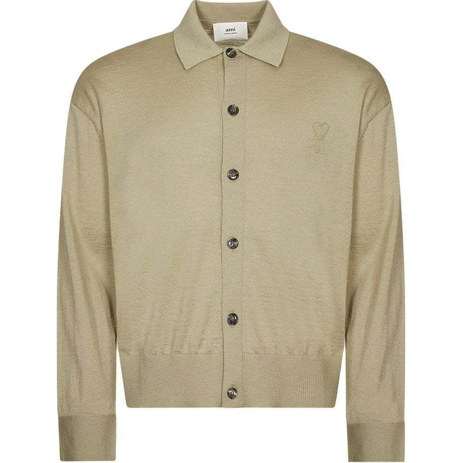 Ami Paris AMIPARIS Sage Green Heart Patch Merino Wool Button-Up Cardigan Shirt Unisex UKC042KN0039-366