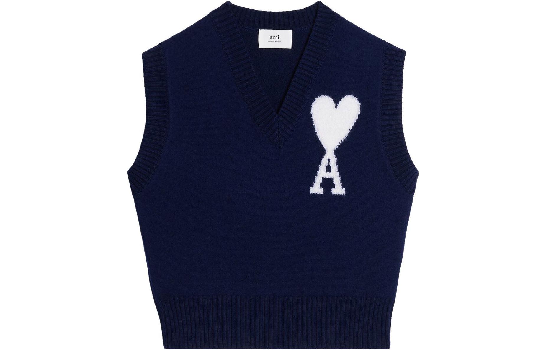 Order 아미 파리 로고 프린트 브이넥 민소매 베스트 유니섹스 - 블루 UKS702018-493