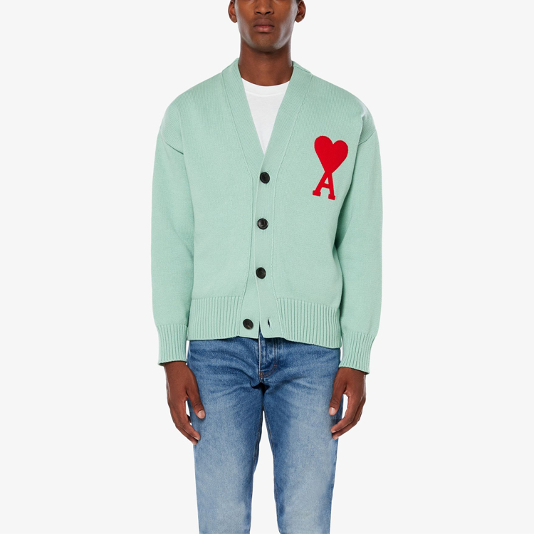 Ami Paris AMIPARIS SS21  Green Loose-Fit V-Neck Knit Sweater with Heart Logo. E21HK303016-303 圖 3