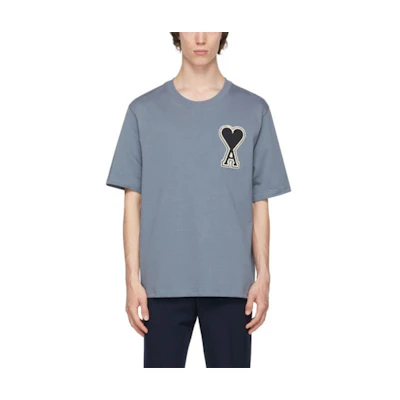 Ami Paris AMIPARIS SS21 Blue Heart Logo Embroidered Loose Fit T-Shirt for Men. SPEE21HJ139726-400