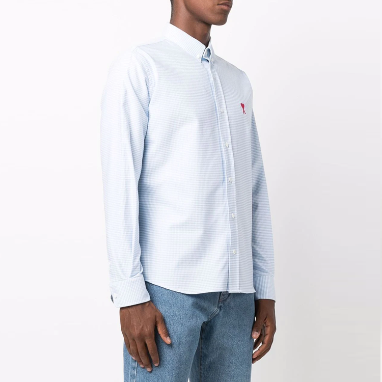 Purchase Ami Paris AMIPARIS SS22 蓝色格纹爱心标志长袖衬衫 HSH113472-455