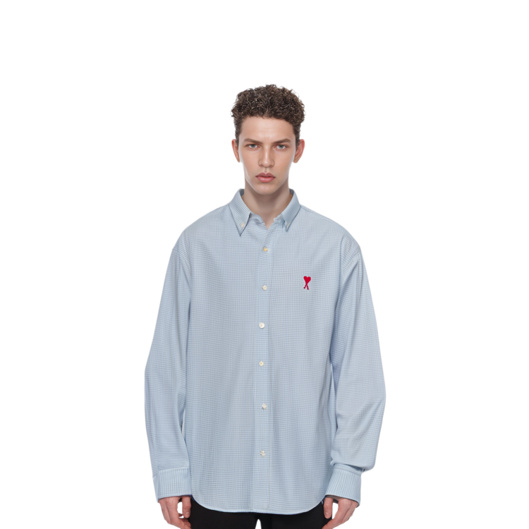 Details for Ami Paris AMIPARIS SS22 蓝色格纹爱心标志长袖衬衫 HSH113472-455