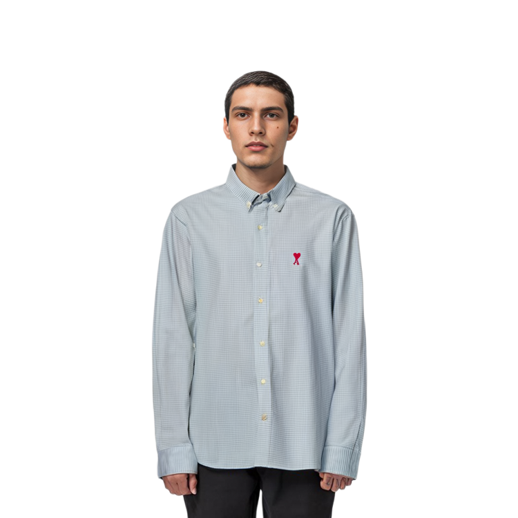 Sizing Ami Paris AMIPARIS SS22 蓝色格纹爱心标志长袖衬衫 HSH113472-455