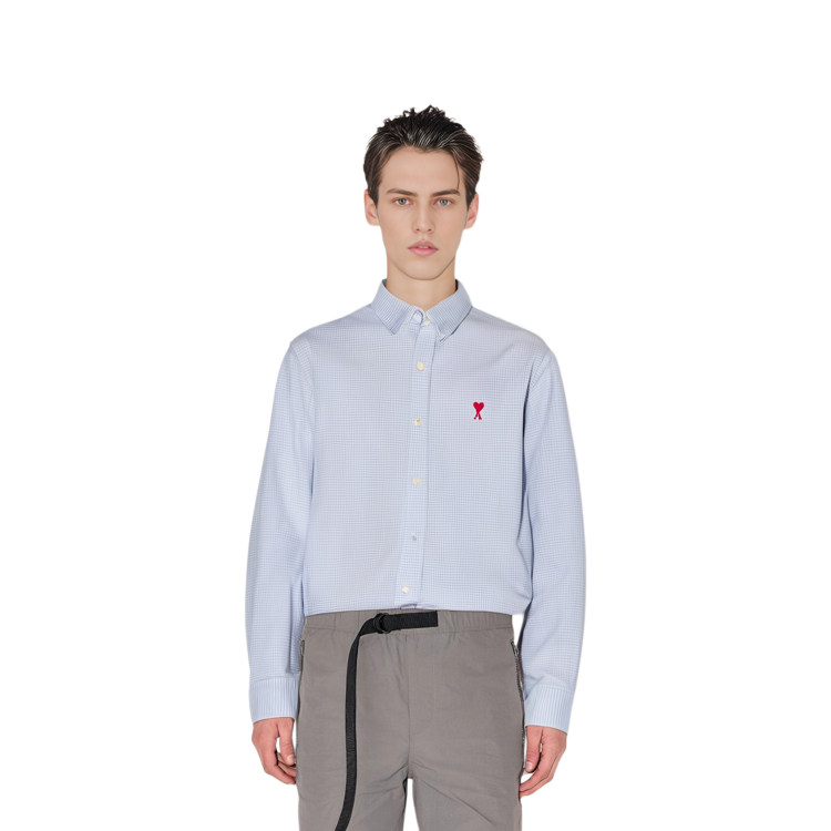 Cheap Ami Paris AMIPARIS SS22 蓝色格纹爱心标志长袖衬衫 HSH113472-455