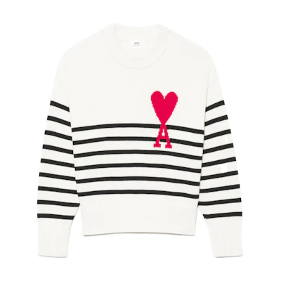 Ami Paris AMIPARIS SS22 White Heart Logo Striped Jacquard Knit Sweater. UKS004-016968