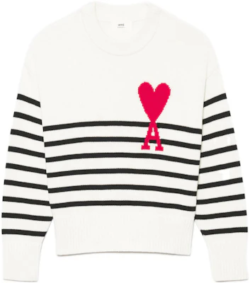 Ami Paris SS22 Sweater Putih Logo Hati Garis Jacquard Knit. UKS004-016968 Order Ami Paris SS22 Sweater Putih Logo Hati Garis Jacquard Knit. UKS004-016968
