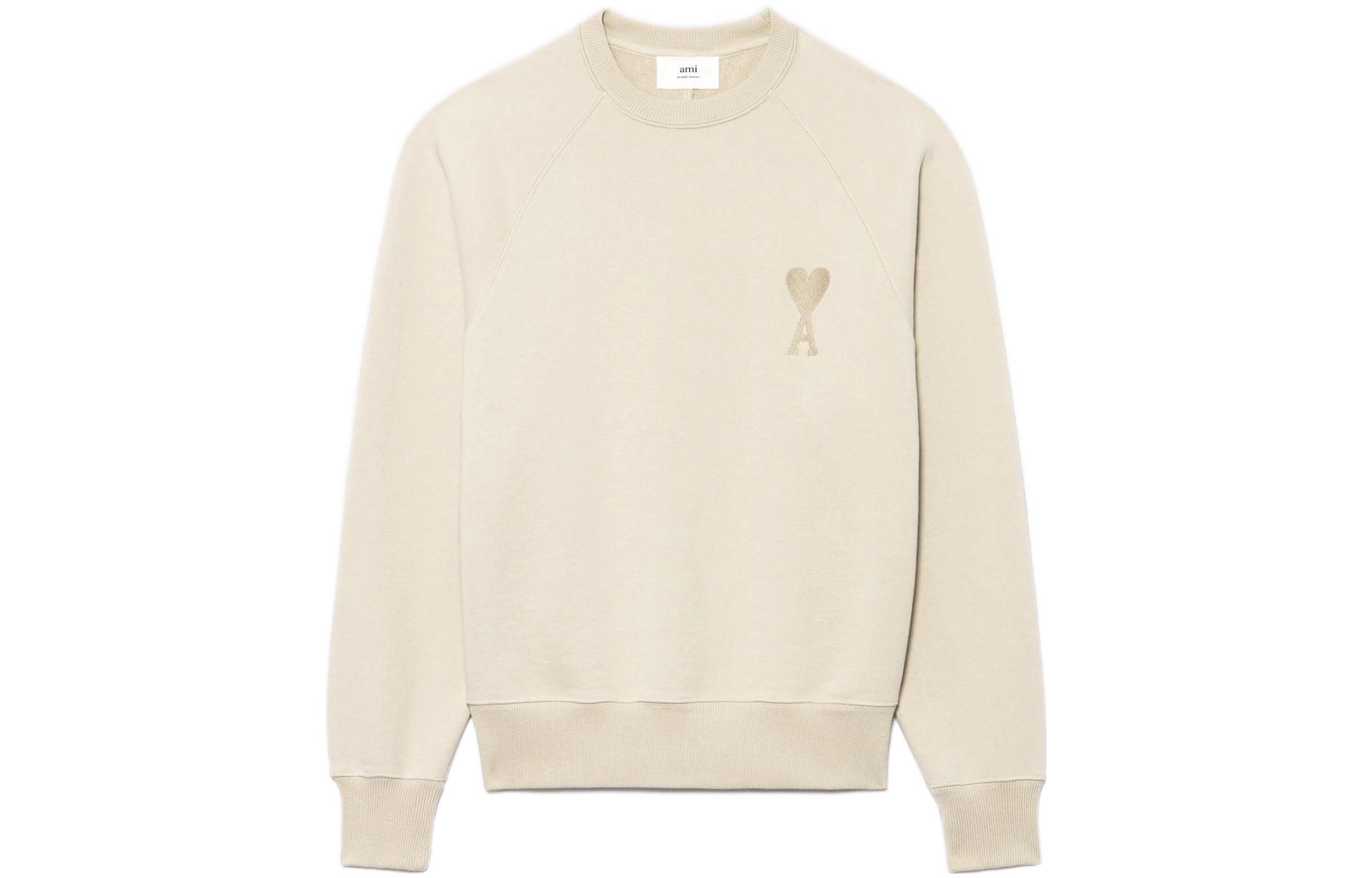 Ami Paris AMIPARIS SS22 Beige Heart Logo Embroidered Unisex Crewneck Long Sleeve Sweatshirt USW002747-250