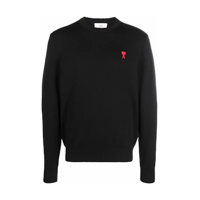 Ami Paris AMIPARIS SS22 Black Crewneck Sweater with Red Heart Design Men’s Pullover. BFHKS001001