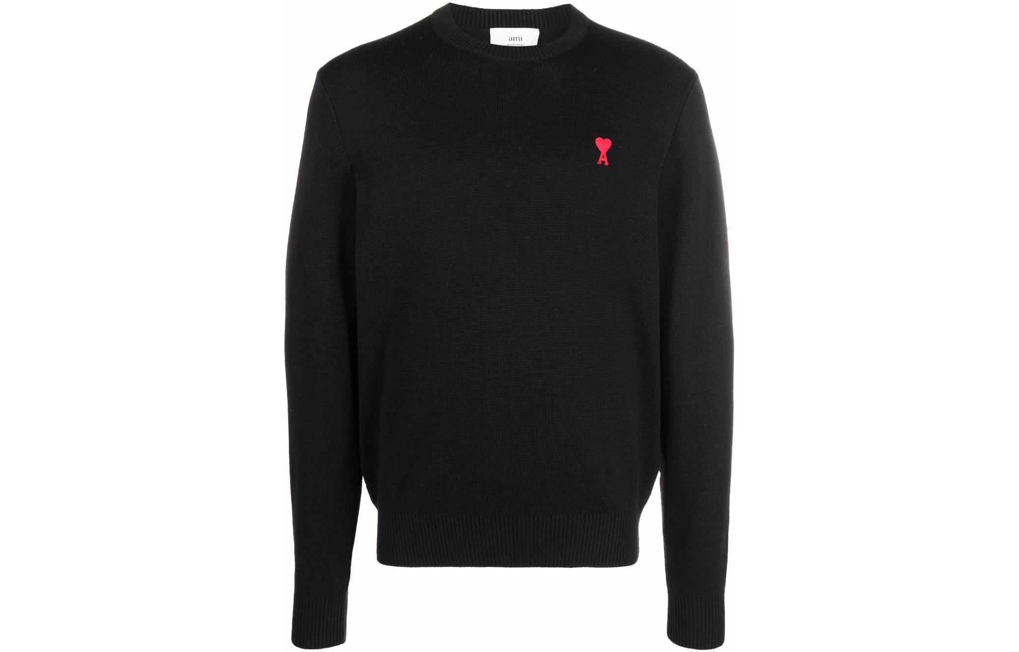 Order Ami Paris AMIPARIS SS22 Black Crewneck Sweater with Red Heart Design Men’s Pullover. BFHKS001001