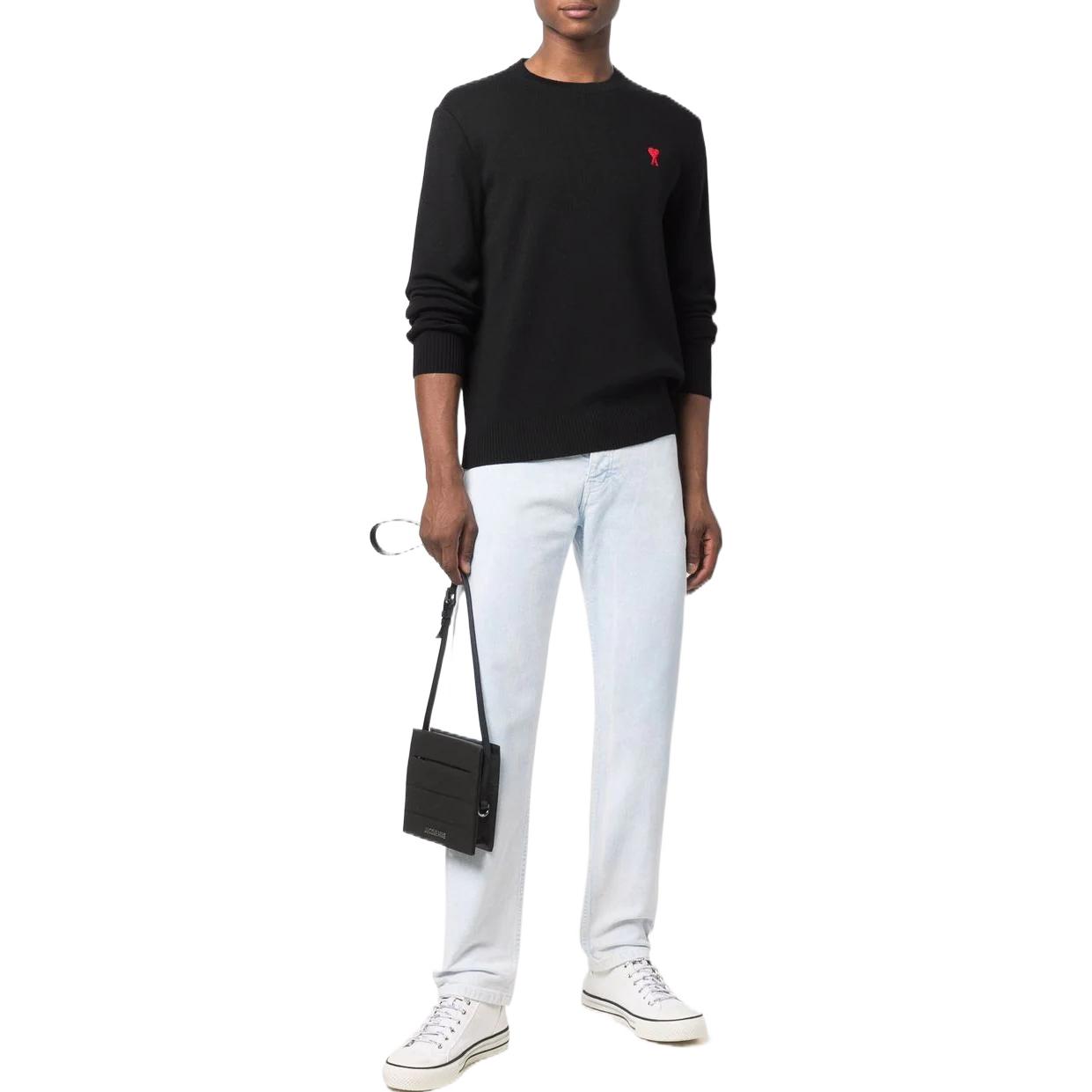 Lookbook Ami Paris AMIPARIS SS22 Black Crewneck Sweater with Red Heart Design Men’s Pullover. BFHKS001001