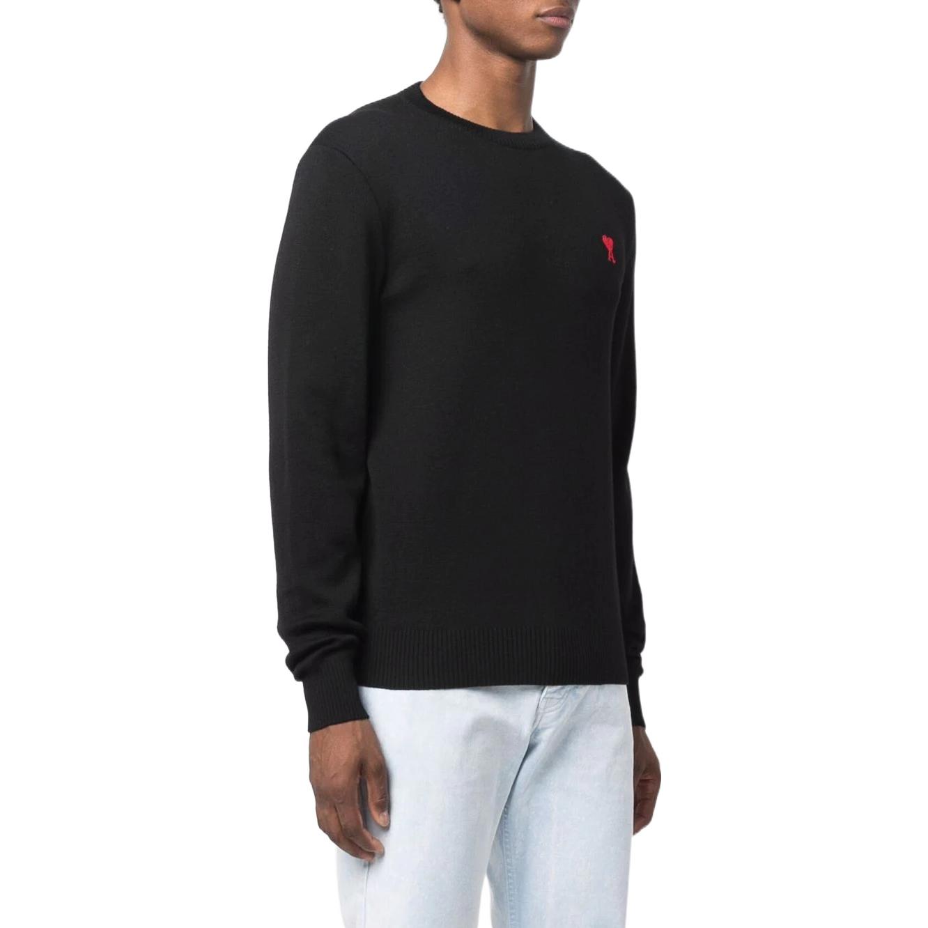 Shop Ami Paris AMIPARIS SS22 Black Crewneck Sweater with Red Heart Design Men’s Pullover. BFHKS001001