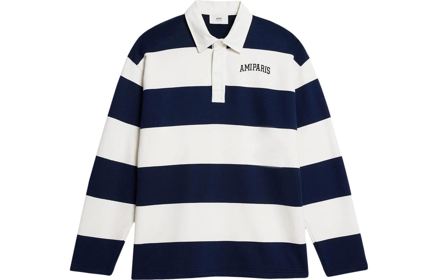 Ami Paris AMIPARIS SS23  Logo Striped Print Long Sleeve Polo Shirt Blue White HPL305JE0008-170