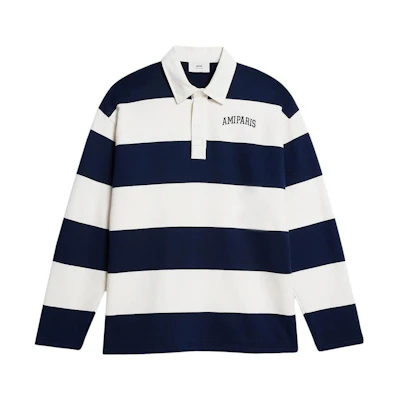 Ami Paris AMIPARIS SS23 Logo Striped Print Long Sleeve Polo Shirt Blue White HPL305JE0008-170
