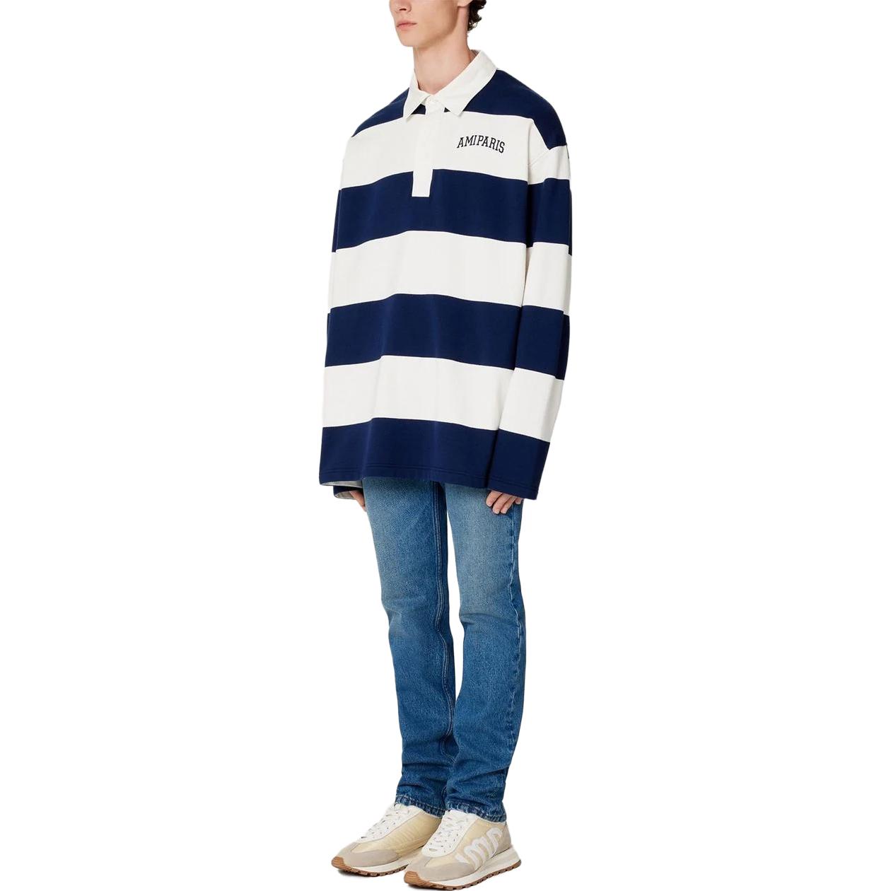 Lookbook Ami Paris AMIPARIS SS23 Baju Polo Lengan Panjang Logo Garis Biru Putih HPL305JE0008-170