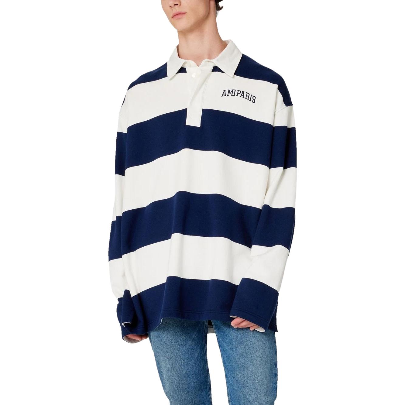 Shop Ami Paris AMIPARIS SS23 Baju Polo Lengan Panjang Logo Garis Biru Putih HPL305JE0008-170