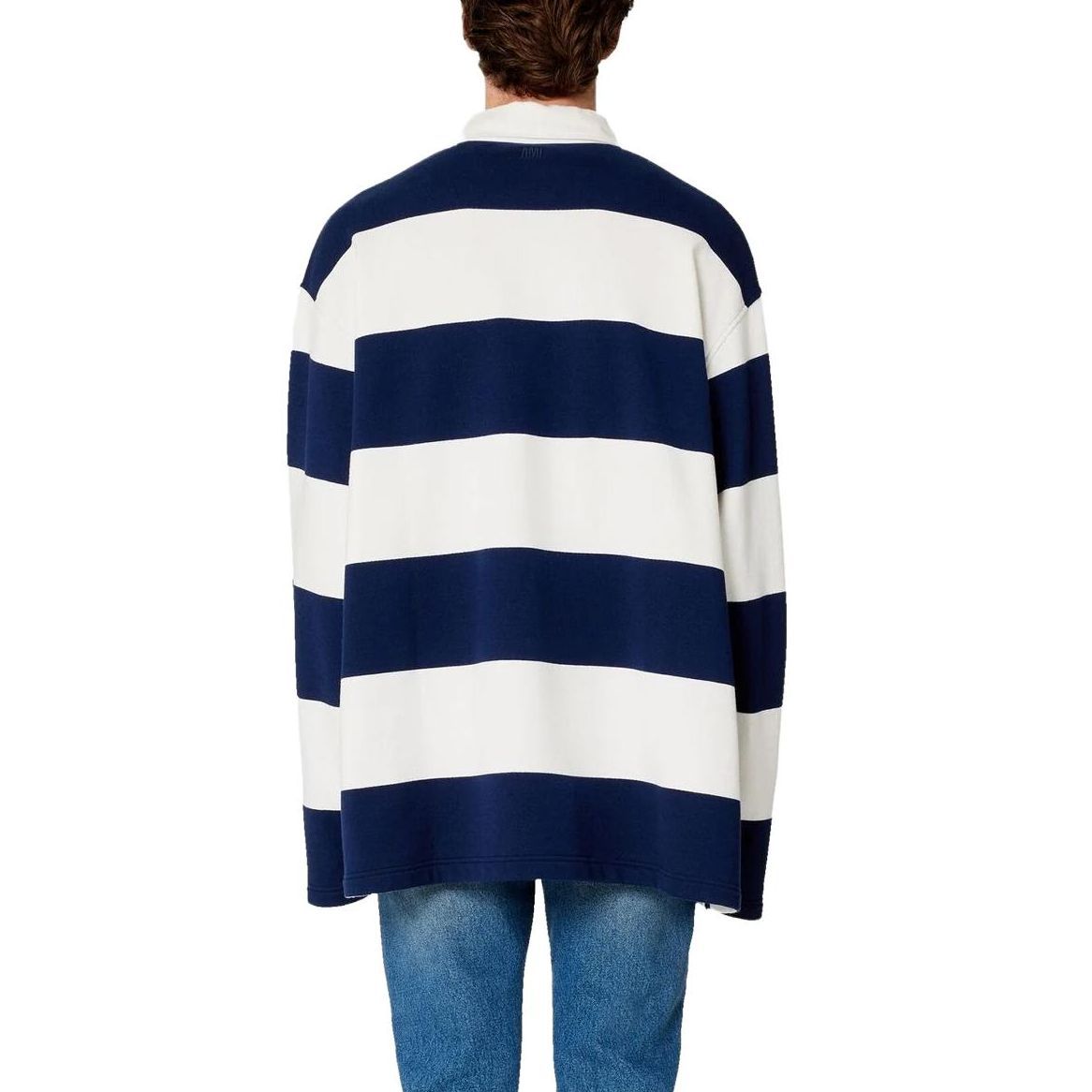 Purchase Ami Paris AMIPARIS SS23 Baju Polo Lengan Panjang Logo Garis Biru Putih HPL305JE0008-170