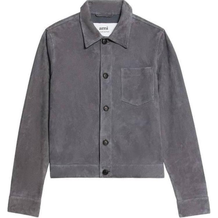 Ami Paris AMIPARIS SS23  Solid Color Suede Button-Up Jacket in Gray. HJK203506-081