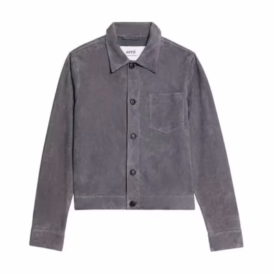 Ami Paris AMIPARIS SS23 Solid Color Suede Button-Up Jacket in Gray. HJK203506-081