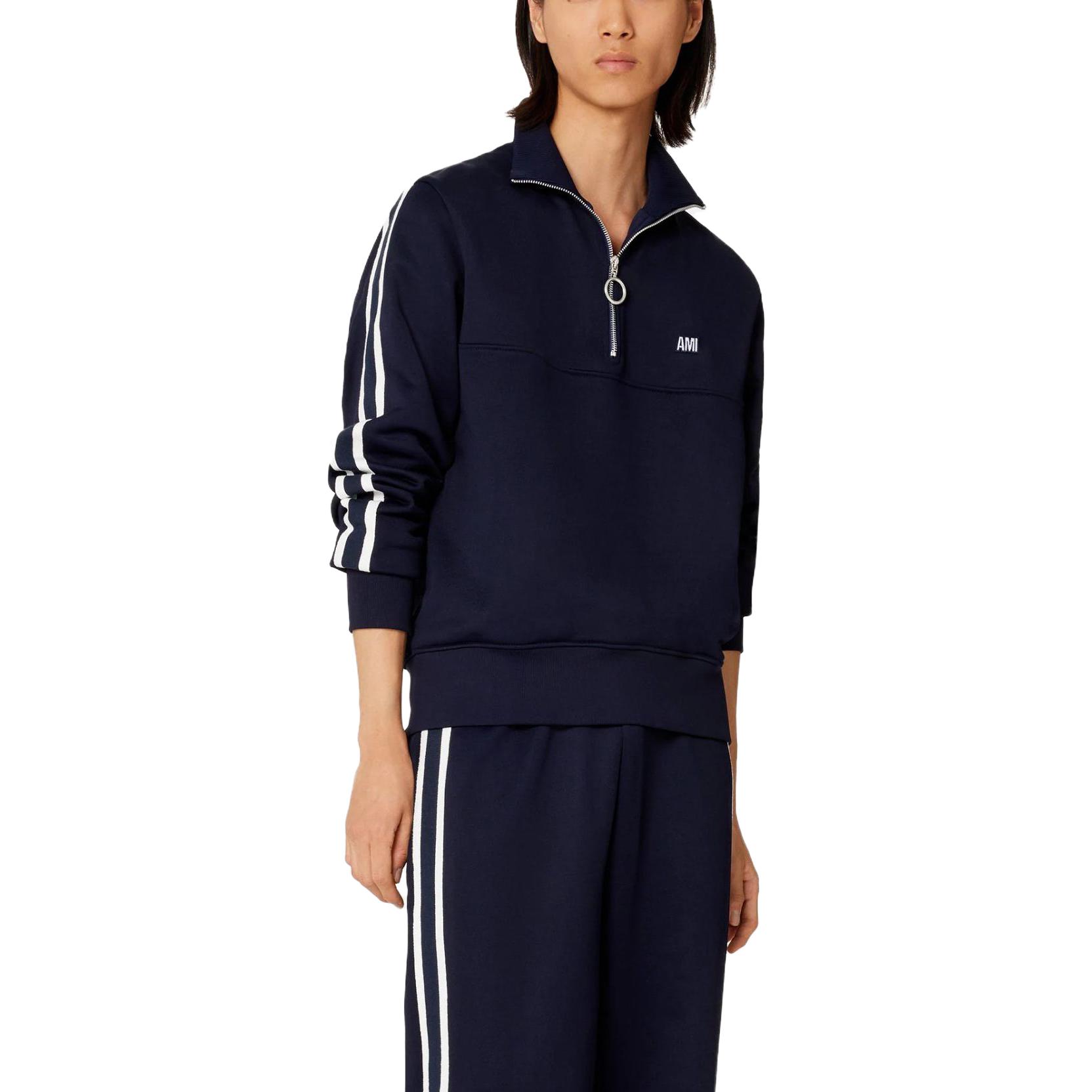 Ami Paris AMIPARIS SS23  Striped Letter Print Half-Zip Sweatshirt Nautical Blue. HSW518JE0005-491 圖 4