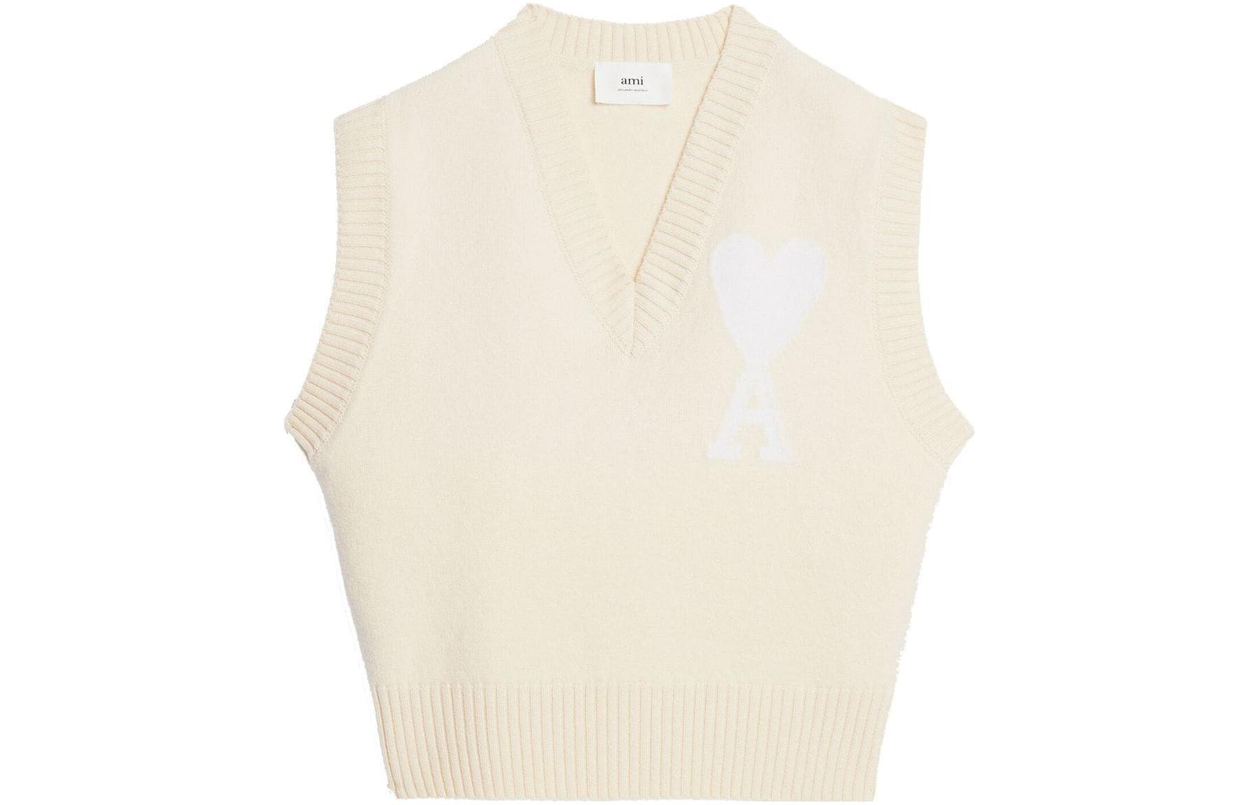 Ami Paris AMIPARIS SS23 Beige V-Neck Sleeveless Vest with Logo Print Unisex. UKS702018-715