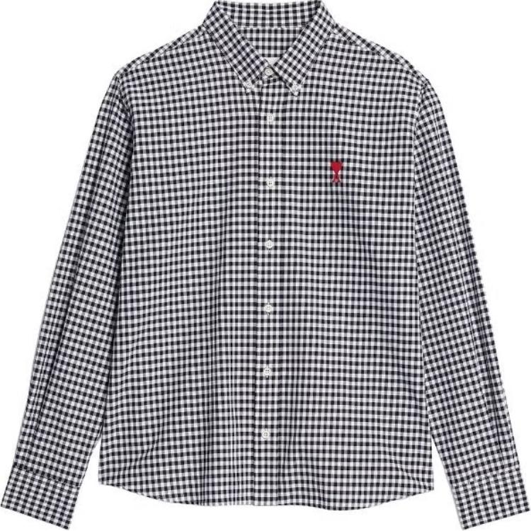 Ami Paris AMIPARIS SS23 Black Heart Check Single-Breasted Collared Long Sleeve Shirt Men. HSH113CO0023-492